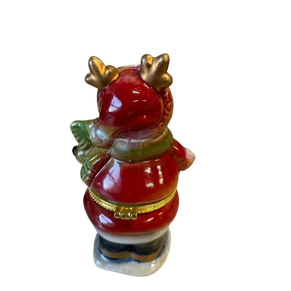 Ceramic Reindeer Winter‎ Themed Trinket Box Hinged Gold Accents 4.5